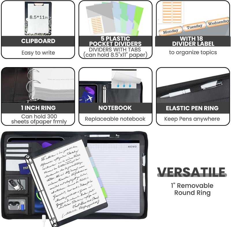 KLLVE Clipboard with Storage for Men Women, Leather Padfolio Portfolio with Zipper, 1 Inch 3 Ring Binder 5 Dividers, Notepad for Letter Size, Elastic Closure and Pen Loop, Card Slot Black - Image 3
